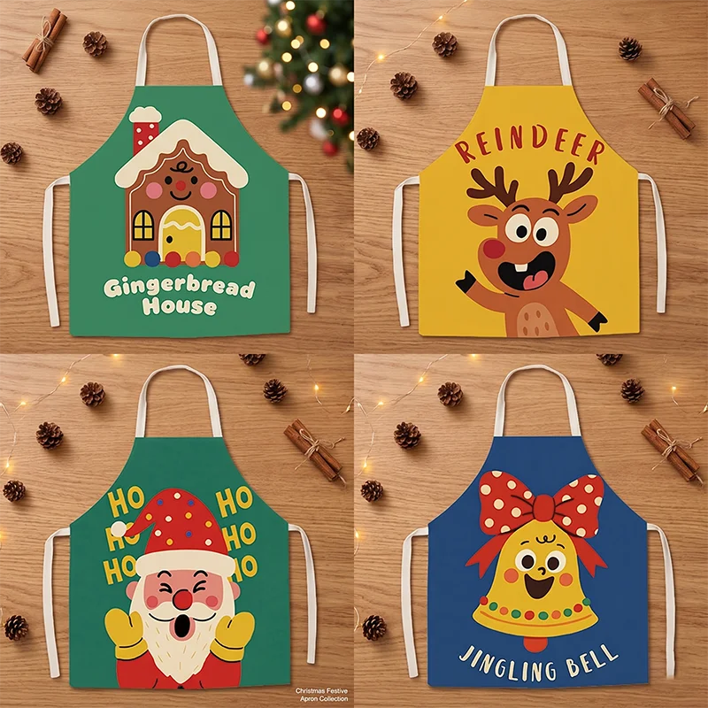 

Merry Christmas Santa Reindeer Cotton Linen Apron Women Kitchen Cooking Baking Bib Cute Cartoon Home Cleaning Pinafore Gift