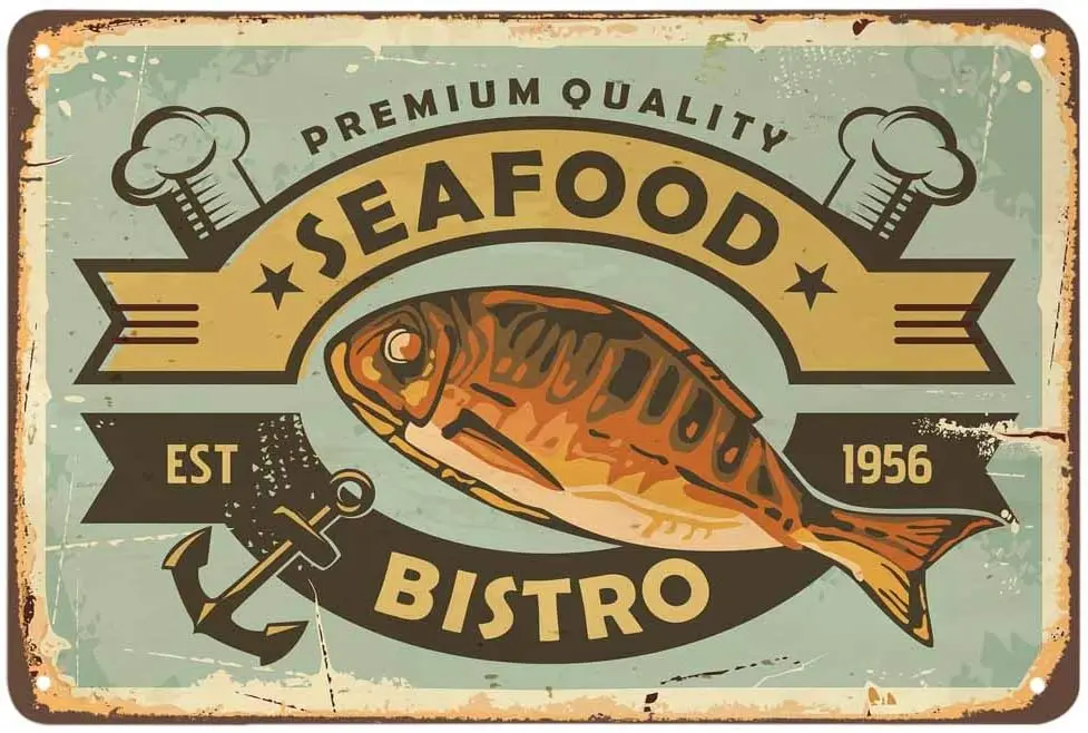 Meeresfrüchte-Fisch-Blechschild, Bistro-Hut-Anker, Stern, gestreift, Kochküche, köstliches Restaurant, Vintage-Metallschilder für Cafés, Bars, Kneipen