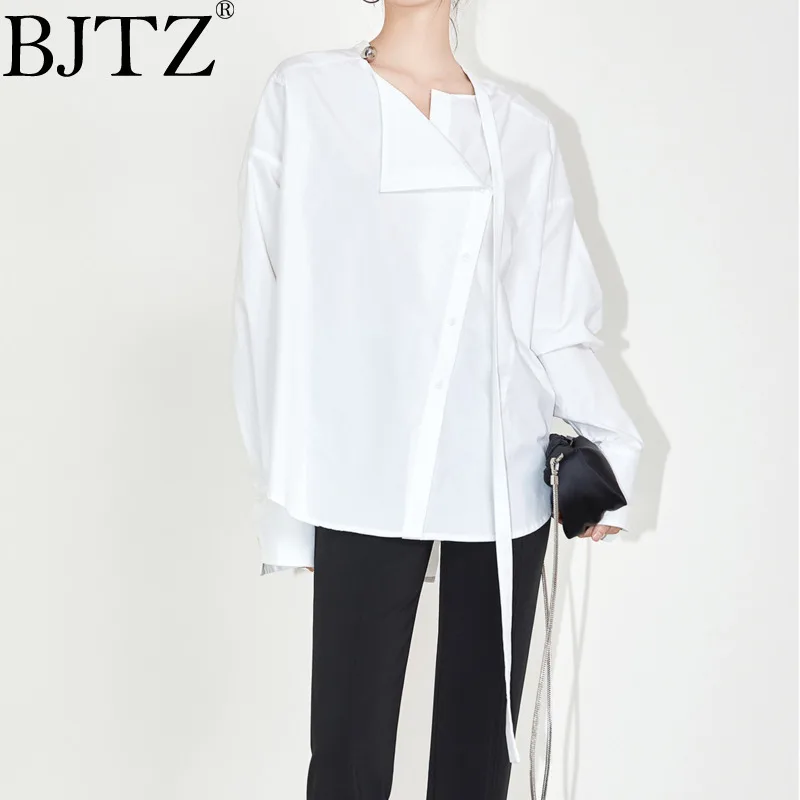 

BJTZ Unique White Shirt 2025 Spring Autumn New Style Simple And Versatile Loose Cut Small Stand Up Collar Long Sleeve Top