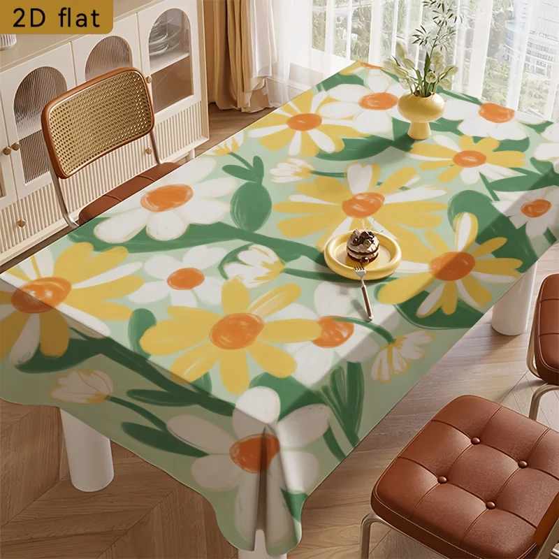 Summer Daisy Tablecloth, Soft Green Background With Colorful Daisy Flower Pattern, Waterproof Table Cover for Daily Meals