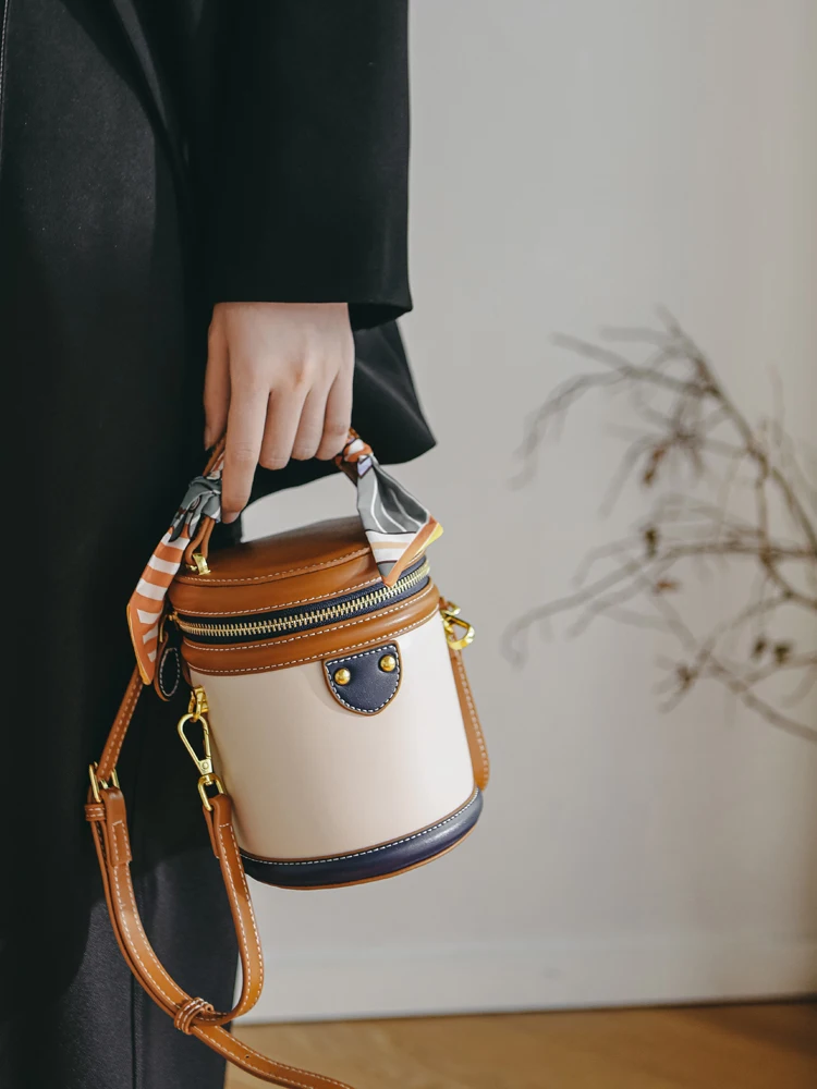 

Retro Color Block Bucket Bag Women's Handbag round Cylinder Versatile Quality Single Shoulder Crossbody Bag for Young Adults