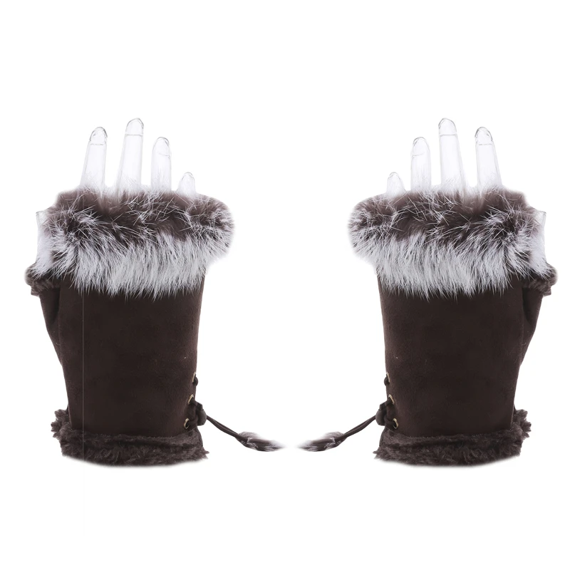 Artificial Rabbit Hair Wrist Gloves Fingerless Computer Mittens Winter Women Suede Cycling Outdoor Sports Warm Gloves image 5