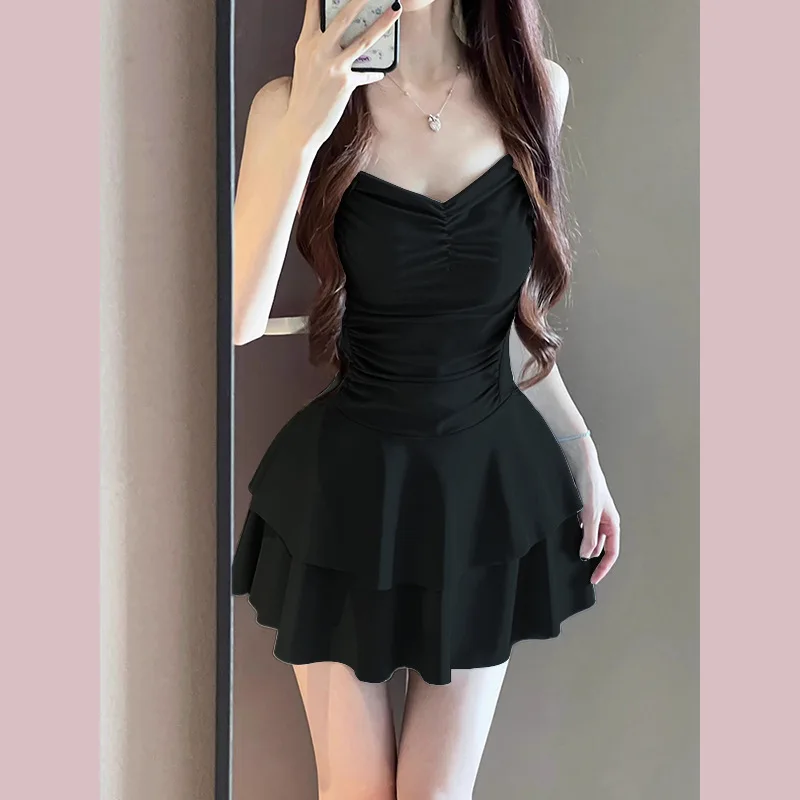 Trajes de baño para mujer, trajes de baño de una pieza con tirantes de Color sólido, traje de baño de primavera con espalda descubierta dulce a la moda, versión coreana