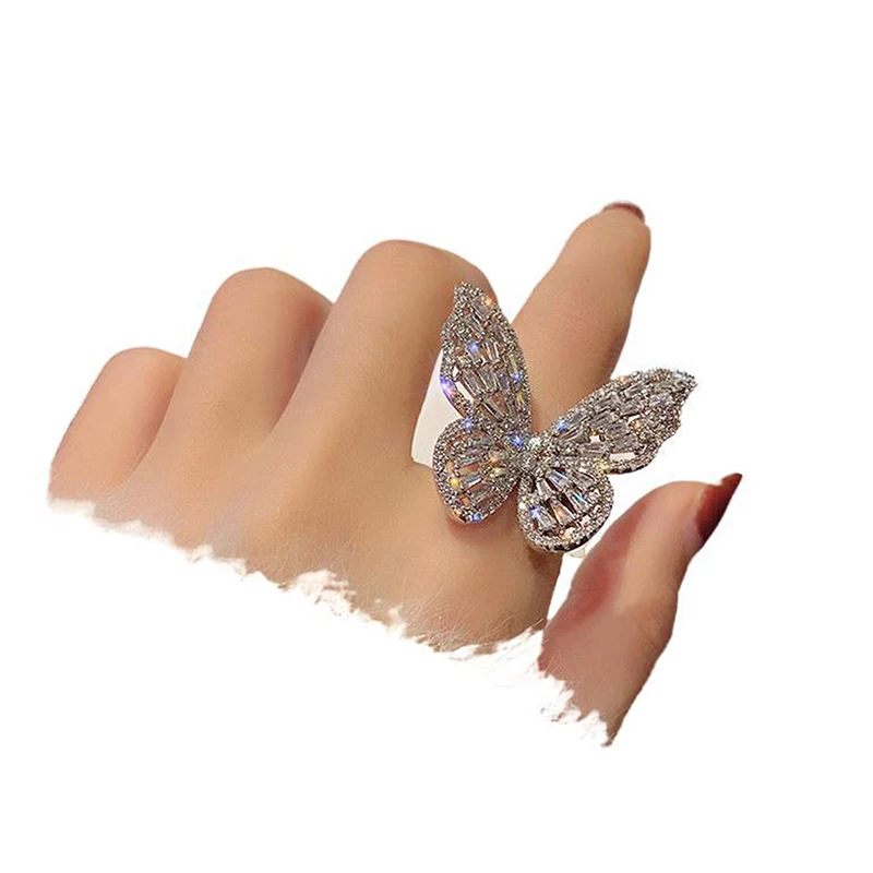 Zircon Butterfly Ring Gem Stone Opening Exaggerated Big Knuckle Rings Glamorous Wedding Party Jewelry Gifts For Women