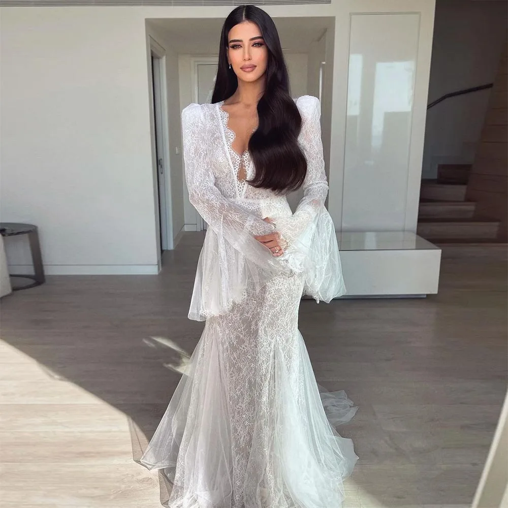 Sevintage Appliques di pizzo moderno abiti da sposa a sirena maniche lunghe con scollo a v pieghe increspato abito da sposa principessa abiti da sposa 2022