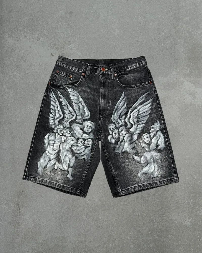 

New American Hip-hop Harajuku Gothpunk Oversized Washing Denim Shorts Men Y2K 2025 Rock Trendy Brand Loose Wide-leg Pants Women