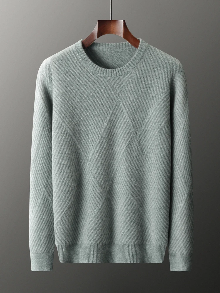 Autumn Winter Men's O-neck Pullovers Sweater 100% Goat Cashmere Knitwear Twist Flower Thick Long Sleeve Business Casual Warm Top