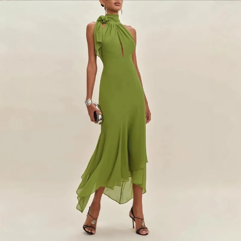 Women Halter Neck Bow Knot Cut‑Out Maxi Dress Asymmetrical Ruffle Hem Evening Party Long Dress