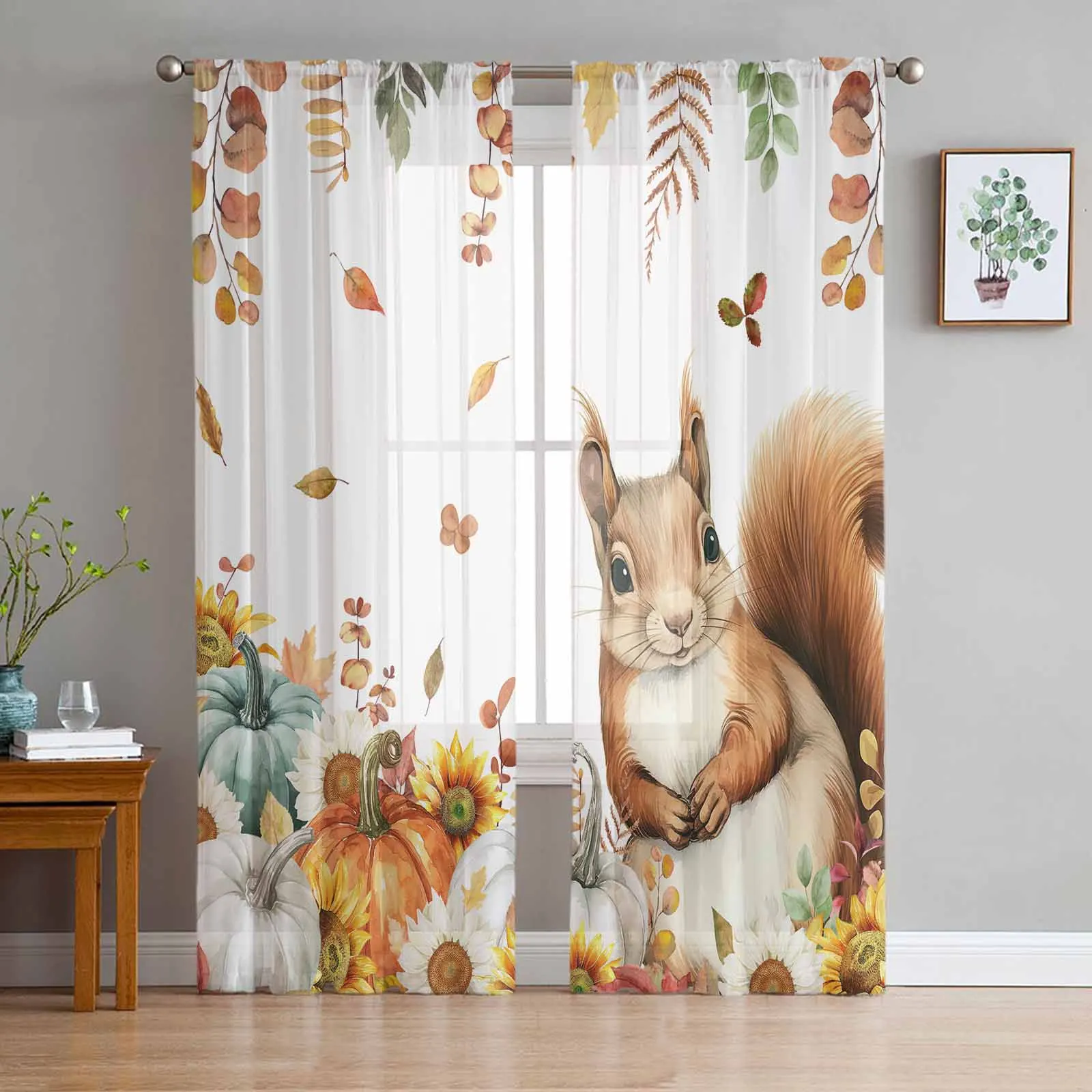 Thanksgiving Leaves Pumpkin Squirrel Curtains Living Room Bedroom Kitchen Decoration Window Voiles Organza Tulle Curtain