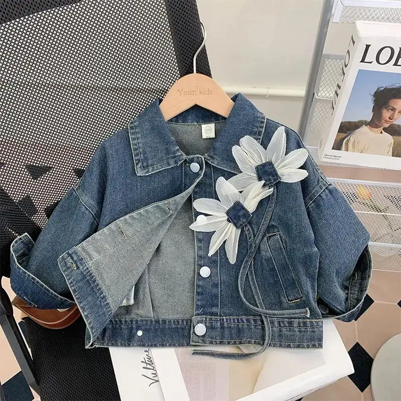 

2-7Years Girls Denim Jacket New Fashion Baby Kids Jean Coats For Girls Cute Lace Design Children Outerwear Clothing