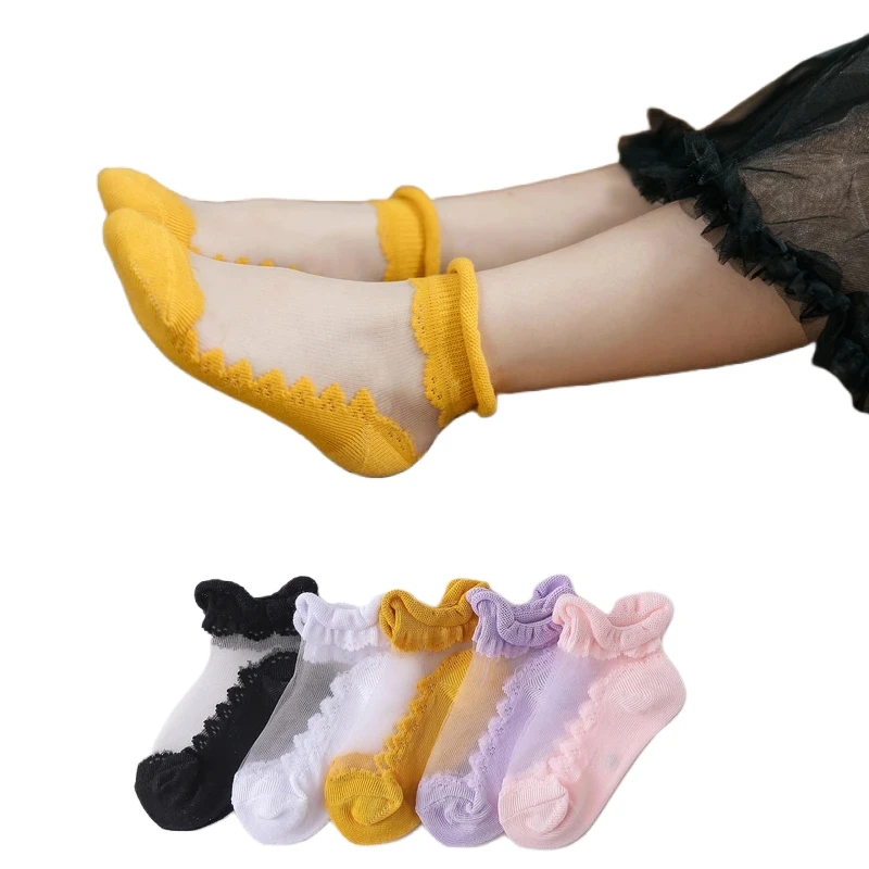 5 Pairs/lot Children\'s Girls Summer Ultra-thin Socks Kids Girls Crystal Sheer Socks Invisible Edge-rolling Mouth Short Socks