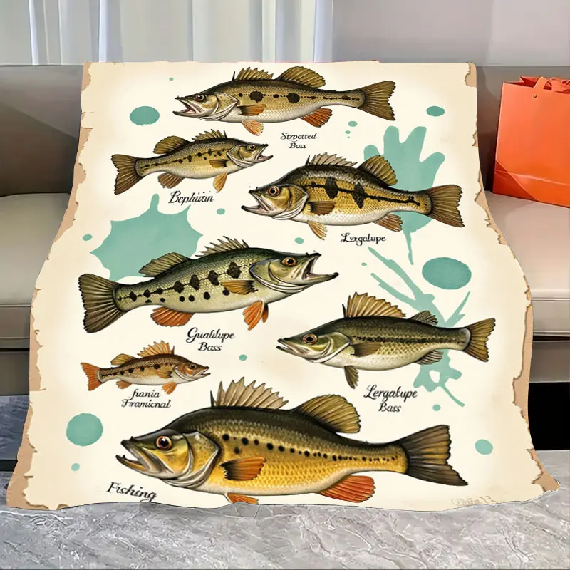 

1pc Flannel Blanket Vintage Fishing Bass Blanket - Rustic Cabin Decor for Outdoor Enthusiasts