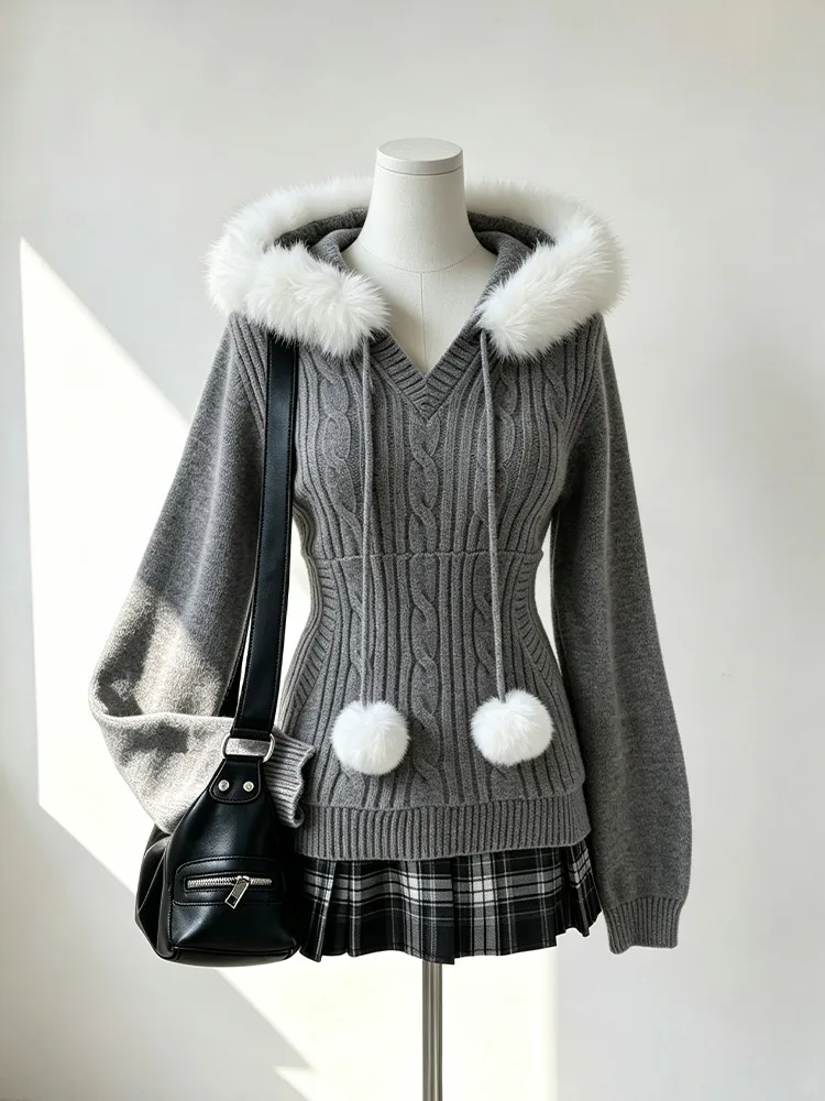 New Vintage Fur Collar Hoody Set Pullovers High Waist Plaid Pleated Slim Skirt Korea Preppy Style Small Fellow Dress Set