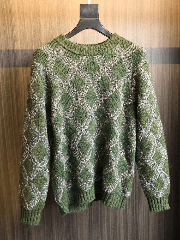 

Laid-ba Japanese Sle Diamond Pattern Knitted Sweater Soft Loose round Ne Wool Blend Men's Faion Casual Autumn Winter Top