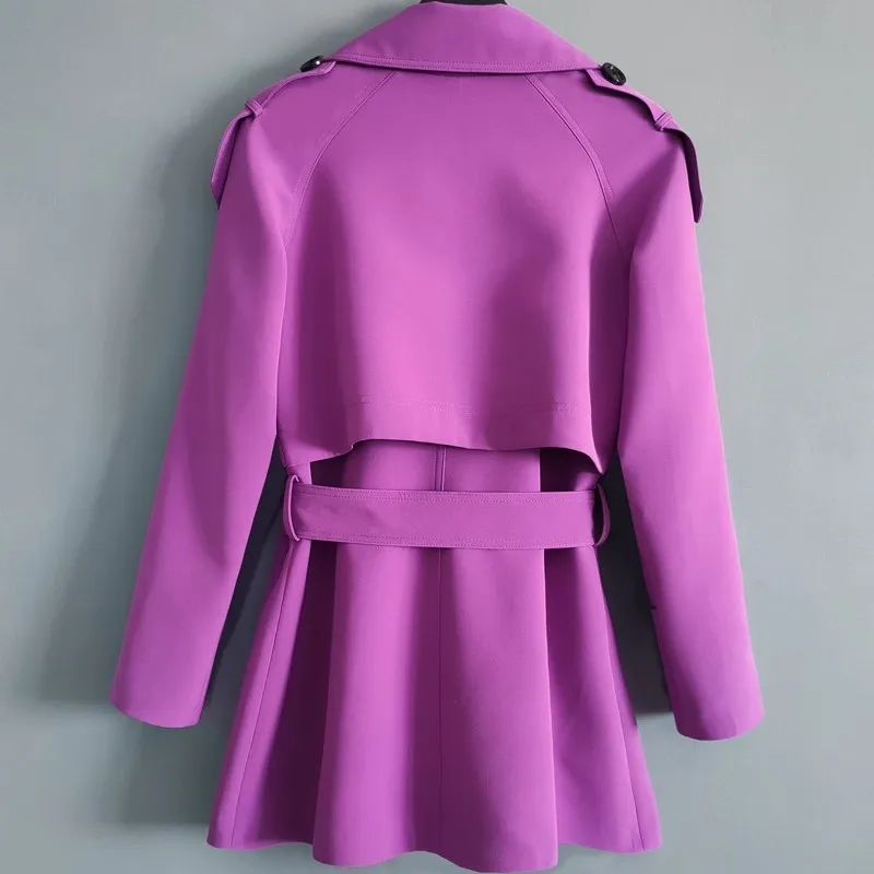 Gabardina rosa púrpura a la moda para mujer, cazadora de manga larga para primavera y otoño, abrigo holgado con doble botonadura y cinturón medio largo para mujer