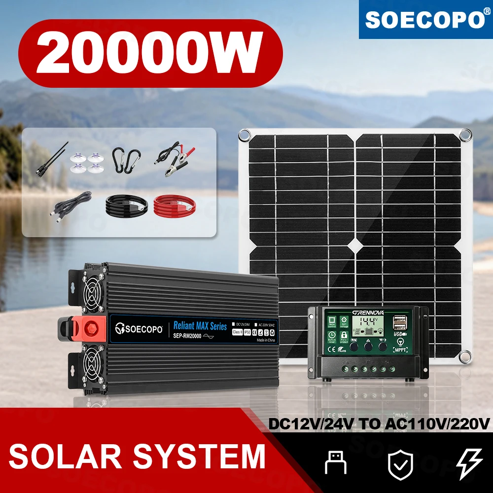 Backup Power 20000W Solar Kit 300W Panel Controller DC12V/24V to AC110V/220V Stable Charge Inverter for Farm Use Beach Party car