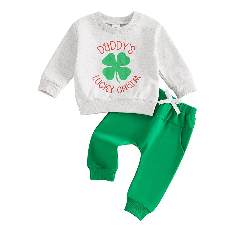 

Toddler Boy Spring Outfits Letter Shamrock Print Long Sleeve Sweatshirt with Solid Long Pants Clothes Set