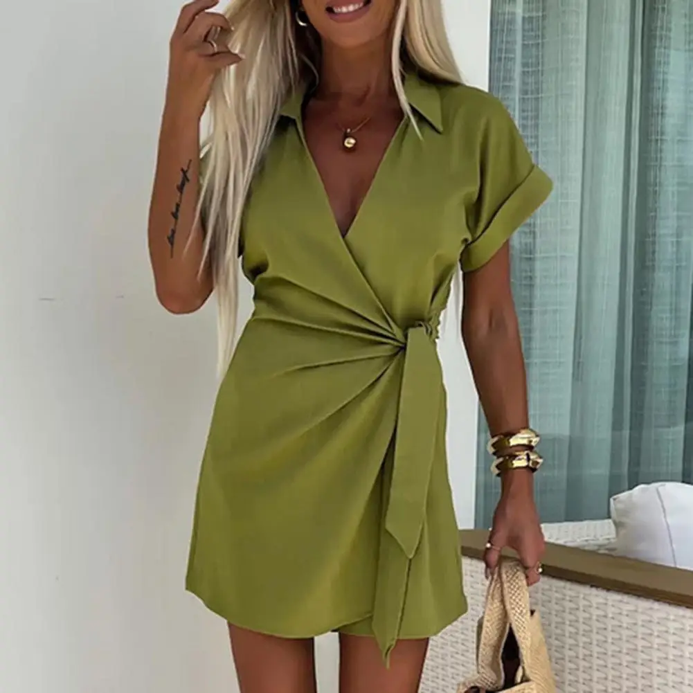 

Women V-neck Romper Elegant Lace-up V Neck Romper for Women Vacation Style Short Sleeves Party Romper with Tight Waist Loose Fit