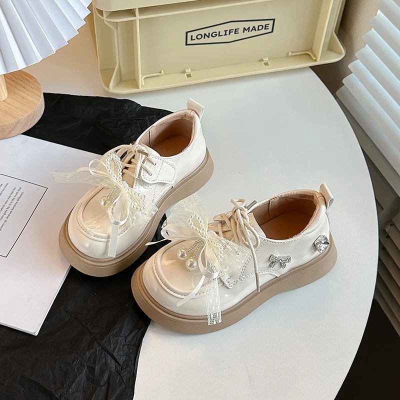 Sweet Children Platform Leather Shoes New Lolita Lace Bow Girls Fashion Party Mary Jane Shoes Wedding Kids Chunky Dress Shoes