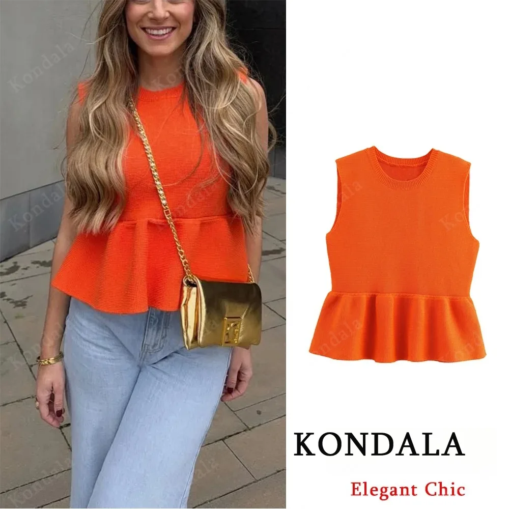 

KONDALA Women Chic Orange Knit Tops Sleeveless O-Neck Skirt Hem Tops New 2025 Spring Summer Fashion High Street Knit Sweet Tops