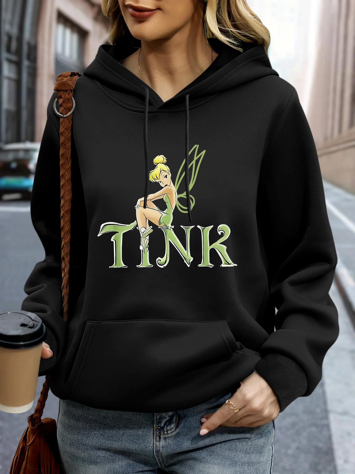 

Женская флисовая толстовка с капюшоном Disney Little Bell на осень и зиму, уличная одежда унисекс, свободная повседневная одежда большого размера