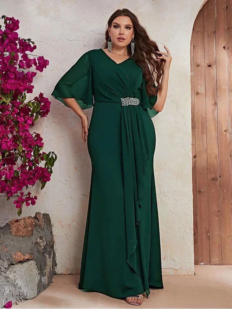 Plus Size V-Neck Dark Green Floor-Length Evening Dress 4xl 5xl Big Size Short-Sleeved Chiffon Floor-Length Bridesmaid Dress