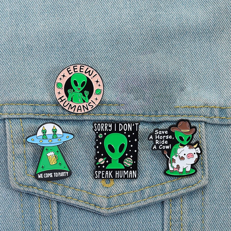 

Funny Alien Enamel Pins Custom SORRY I DON'T SPEAK HUMAN Brooches Lapel Badges Clothes Animal Jewelry Gift for Kids Friends