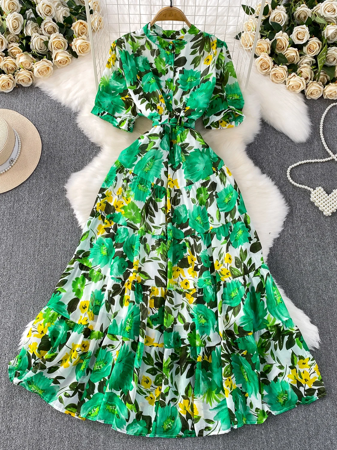 Vaion Print round Ne Long Dr Women's Autumn Belted Waist Slimming Skirt Hem Bell Sve A-Line Midi Dr