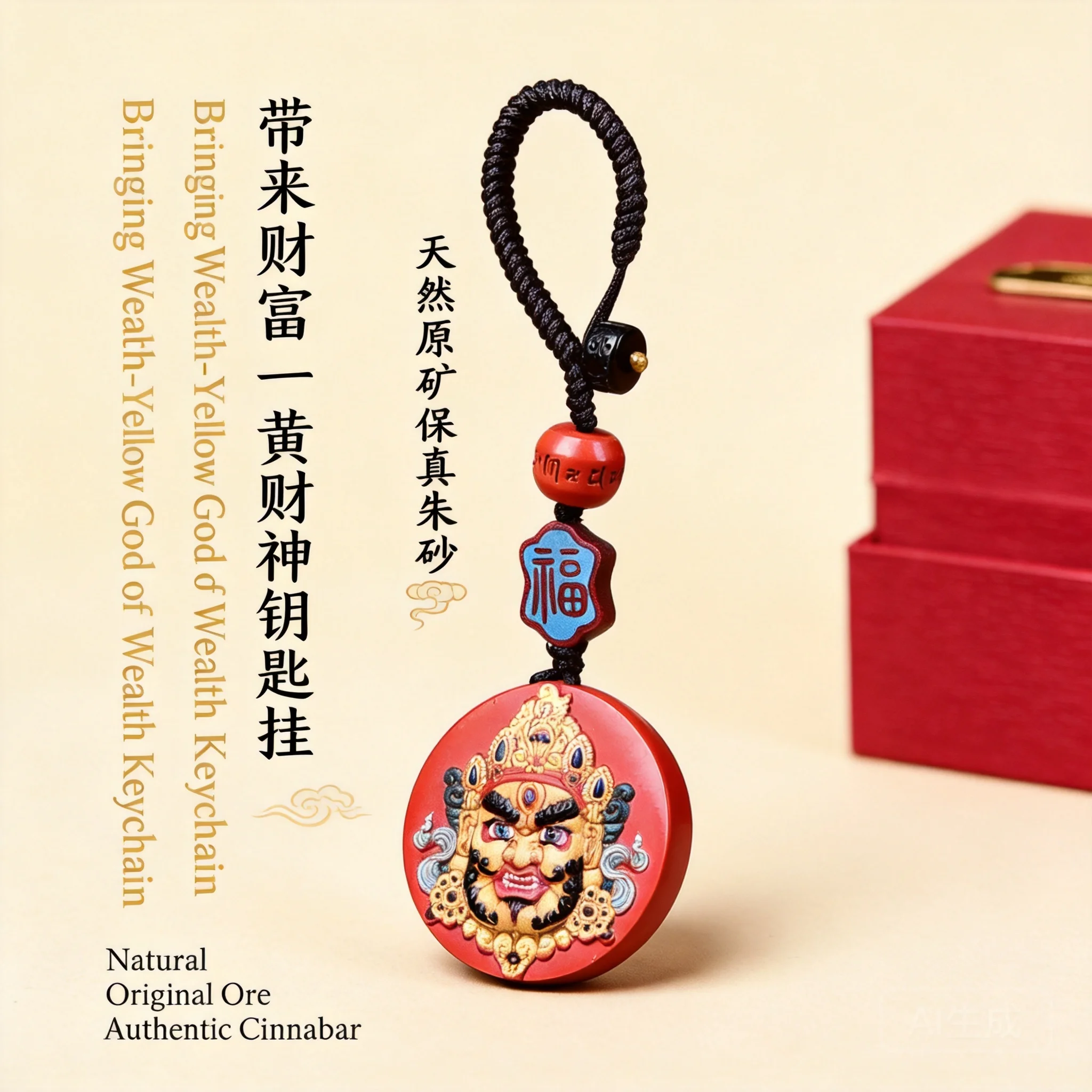 Chinese Traditional Natural Cinnabar Hand Painted Yellow God Of Wealth Pendant Lucky Fortune Attracting Keychain Car Bag Hanger