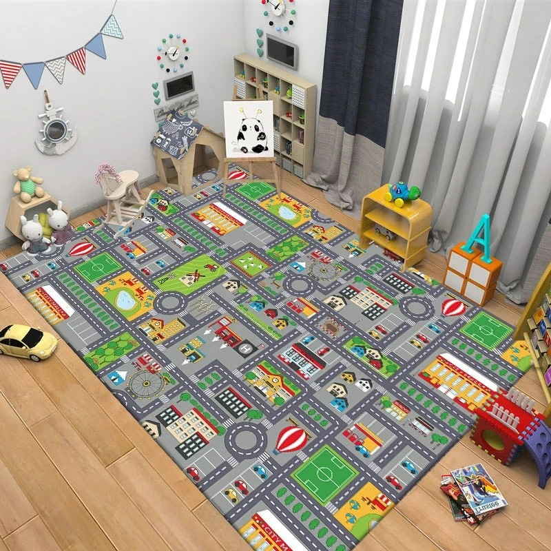 Interactive Cartoon Race Track Rug Playful Car Design Floor Mat for Kids Bedroom Living Room Educational Game Carpets Game Room