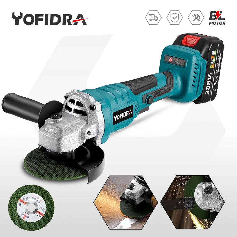 YOFIDRA 2500W 100MM Brushless Angle Grinder 3 Gears Cordless Cutting Polishing Woodworking Power Tool For Makita 18V Battery