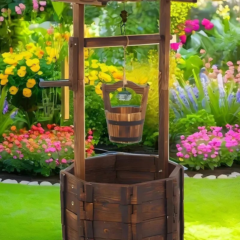

Wooden wishing well hanging planter Wooden small wooden bucket pot planter for garden decoration for fleshine plants and flowers
