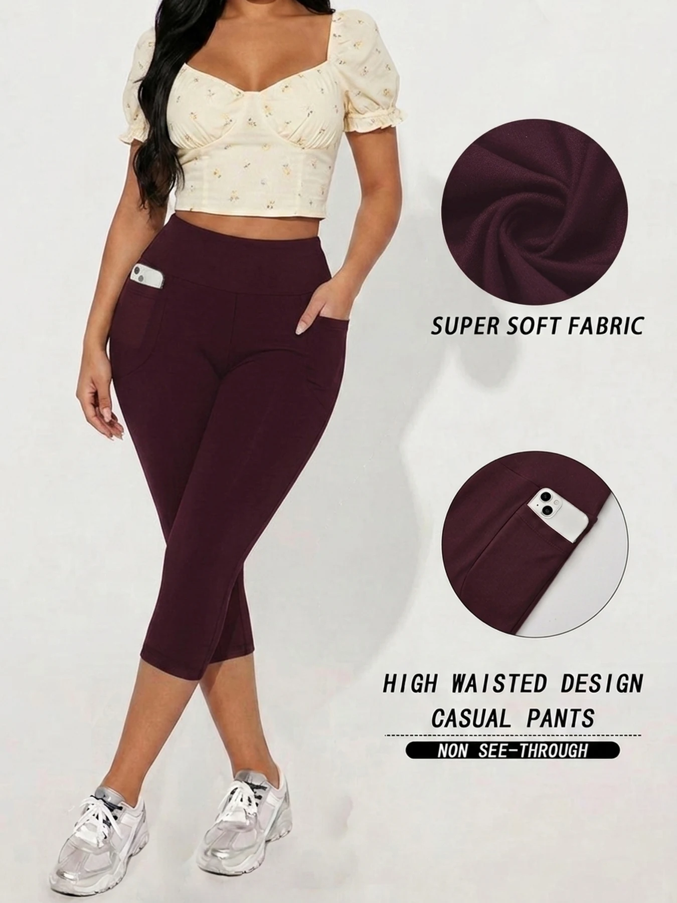 Hochgeschnittene Caprihosen für Damen mit Taschen, Superweiche Bauchkontrolle Workout-Lauf-Yoga-Sportleggings – Detail 9