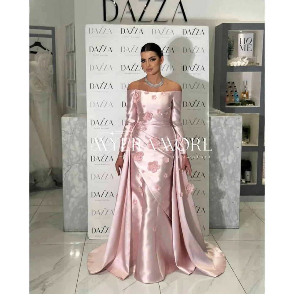 

Elegant Strapless Evening Dress for Women Off Shoulder Prom Dresses Flower Applique Backless Sheath Long فساتين سهرة Customized