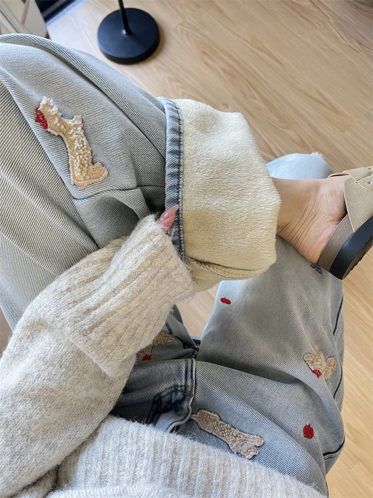 

High Waist Flared Jeans Women's Embroidered Fce Straight Leg Denim Pants Autumn plus Size Loose Slimming Floor-Length