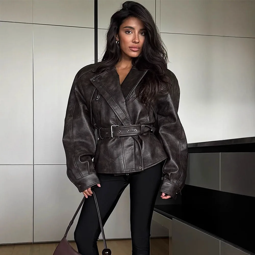 Chaqueta corta de cuero con cuello de solapa liso para mujer, ropa de abrigo holgada de manga larga con cinturón y bolsillo con cremallera, abrigos diarios de otoño 2025