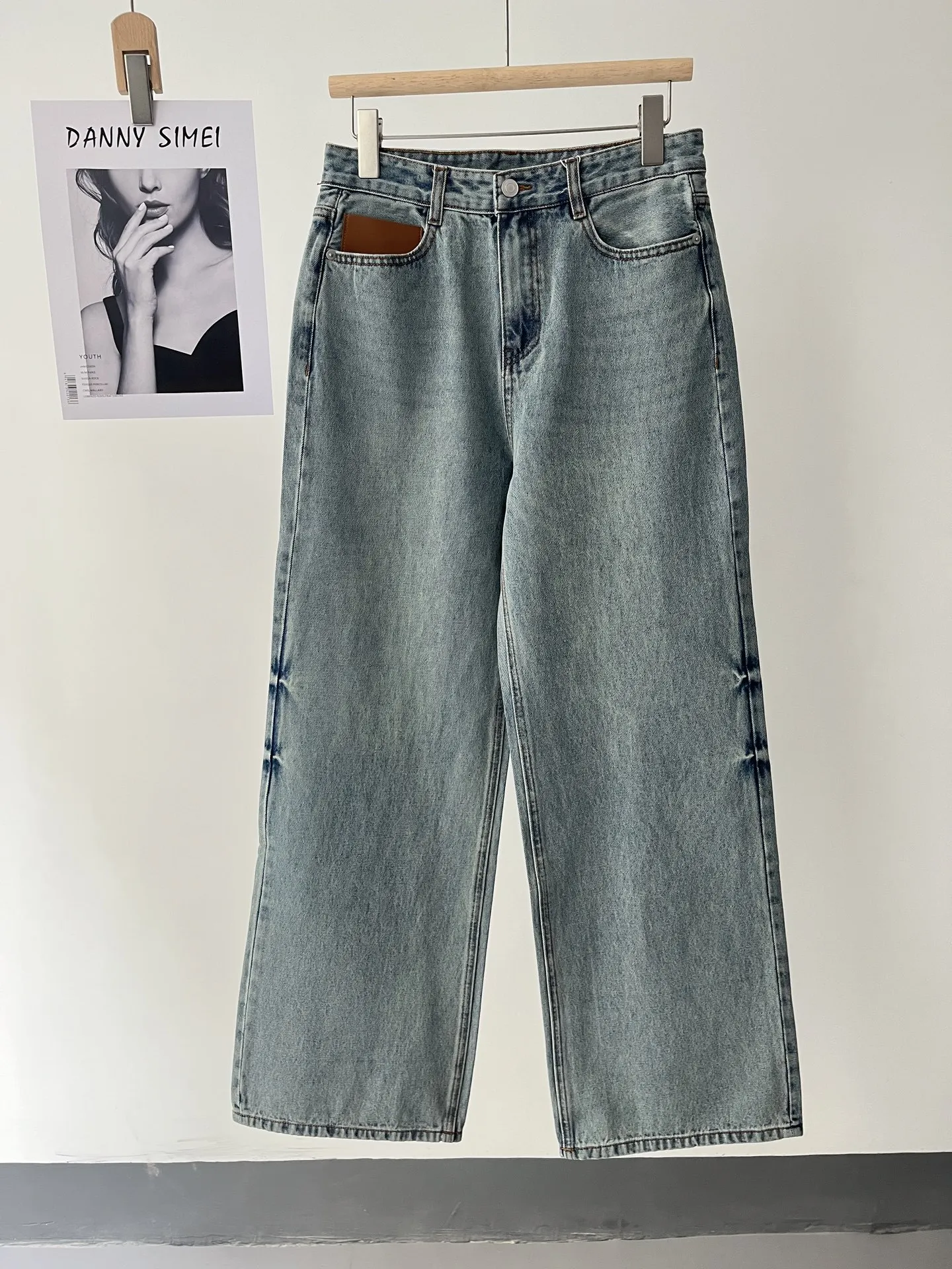 

Spring high waist washing water polished white pleated fine cut wide leg pants straight trousers jeans women 93c-0096