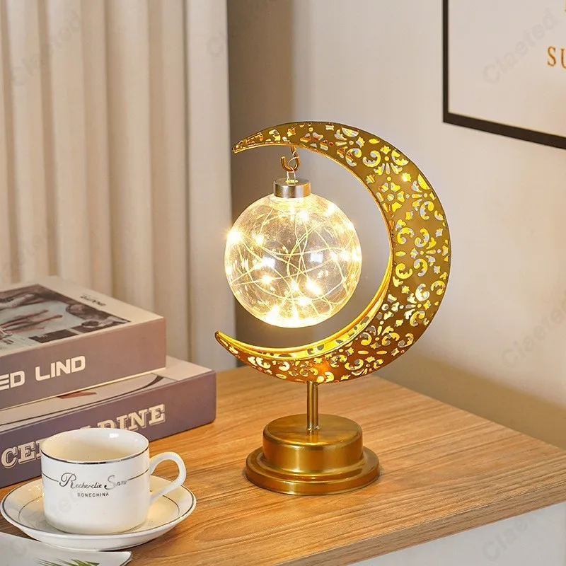 Creative and Minimalist LED Wrought Iron Moon Star Spherical Bulb Ambient Desk Lamp Bedroom Bedside Decorative Lighting Fixture