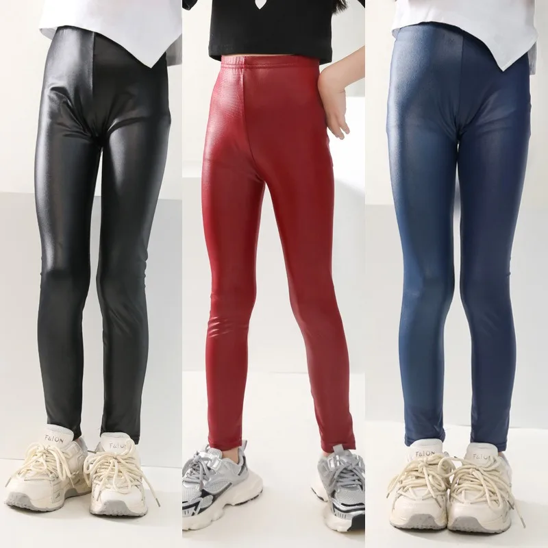 Girls\' Leggings Spring and Autumn Thin Children\'s Slim Fit Imitation Leather Pants Baby Elastic Pants 3-12 Years Old