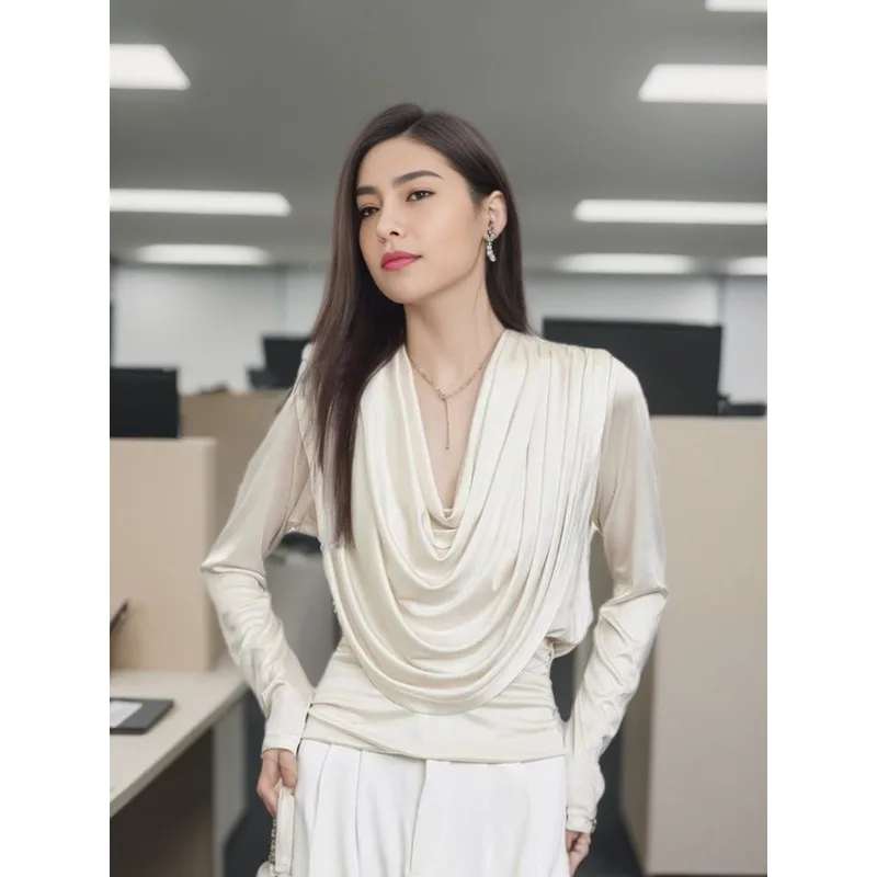 

New High Quality Women's French Retro Swing Neck Acetate Shirt for Autumn and Winter Wear Interior and Exterior Unique Top