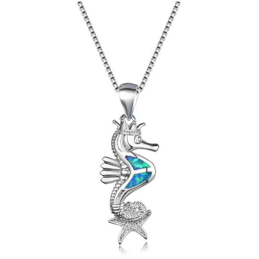 

Hot-Selling Ins-Style European And American Blue Opal Seahorse Necklace, Starfish Pendant Sweater Chain, Opal Necklace