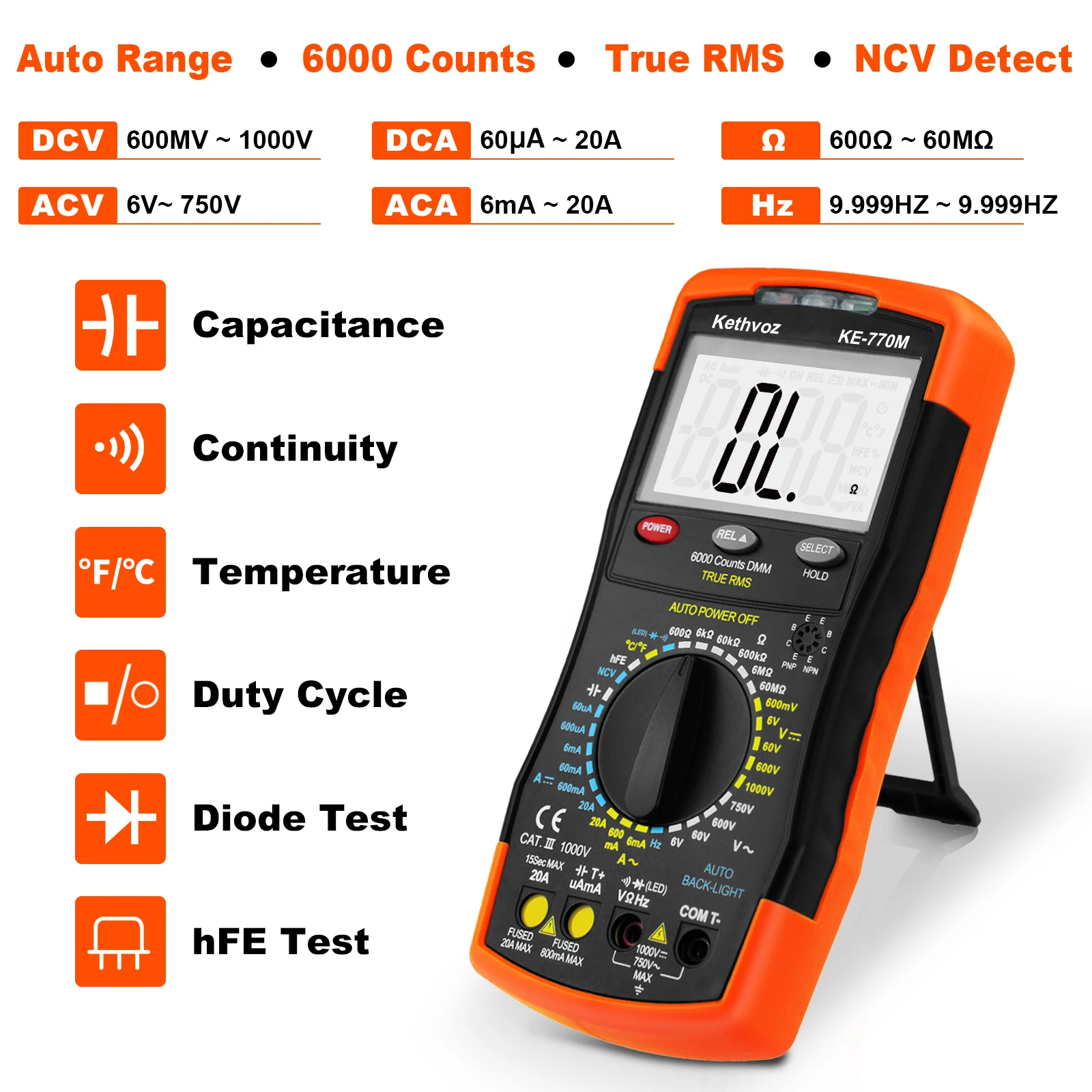 Kebovz KE-770M Multimeter Digital, pendeteksi RMS jangkauan otomatis AC/DC Ammeter Voltmeter Ohm NCV HFE penguji Transistor multimetro