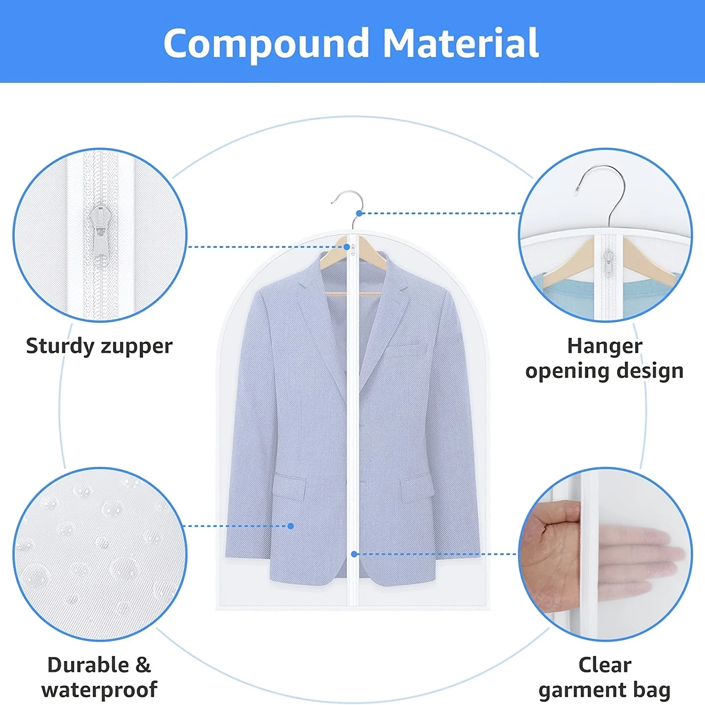 5Pcs Dustproof Polyester Garment Bags Zippered Hanging Clothes Covers for Suits Coats Jackets Dresses Wardrobe Closet Storage