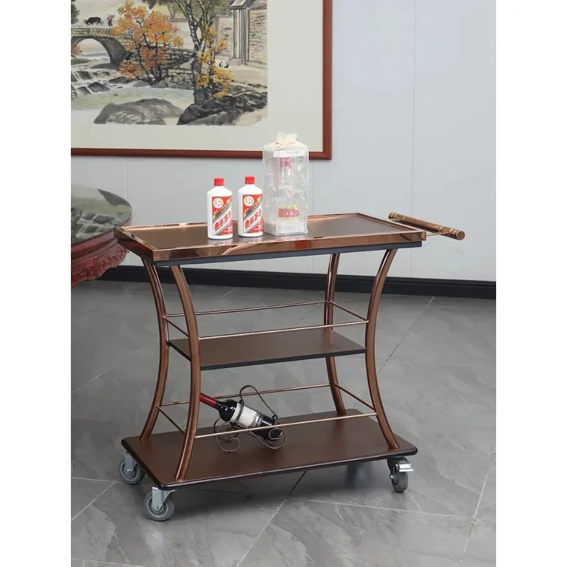 Wooden catering multi-functional service dining cart, hand push mobile trolley, hotel commercial food delivery side dish cart, w