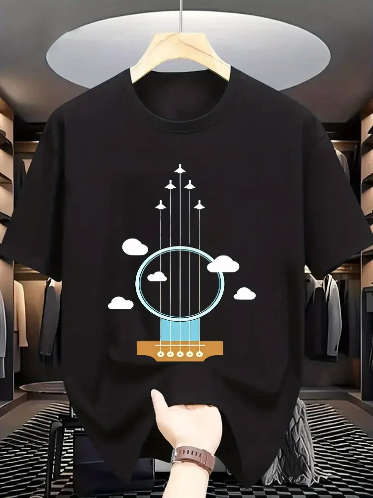 Mens Orange Loose Cotton Tee Creative Guitar Airplane Cloud Minimal Art Crew Neck Short Sleeve Music Casual Male Street Top