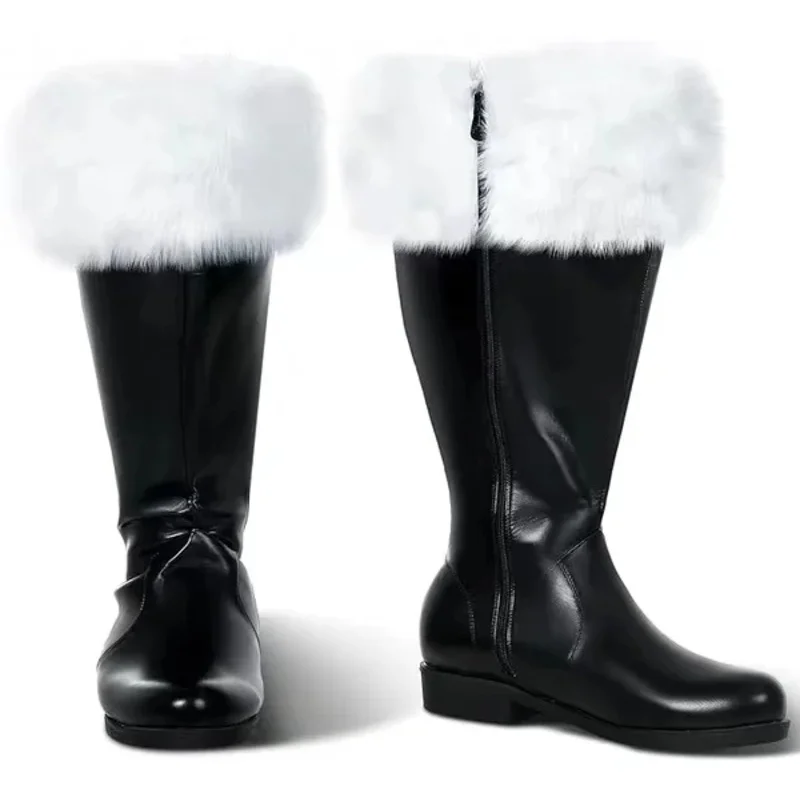 Botas navideñas de Papá Noel para hombre, zapatos de cuero negro, puños de felpa blancos, botas de invierno para Halloween y Navidad