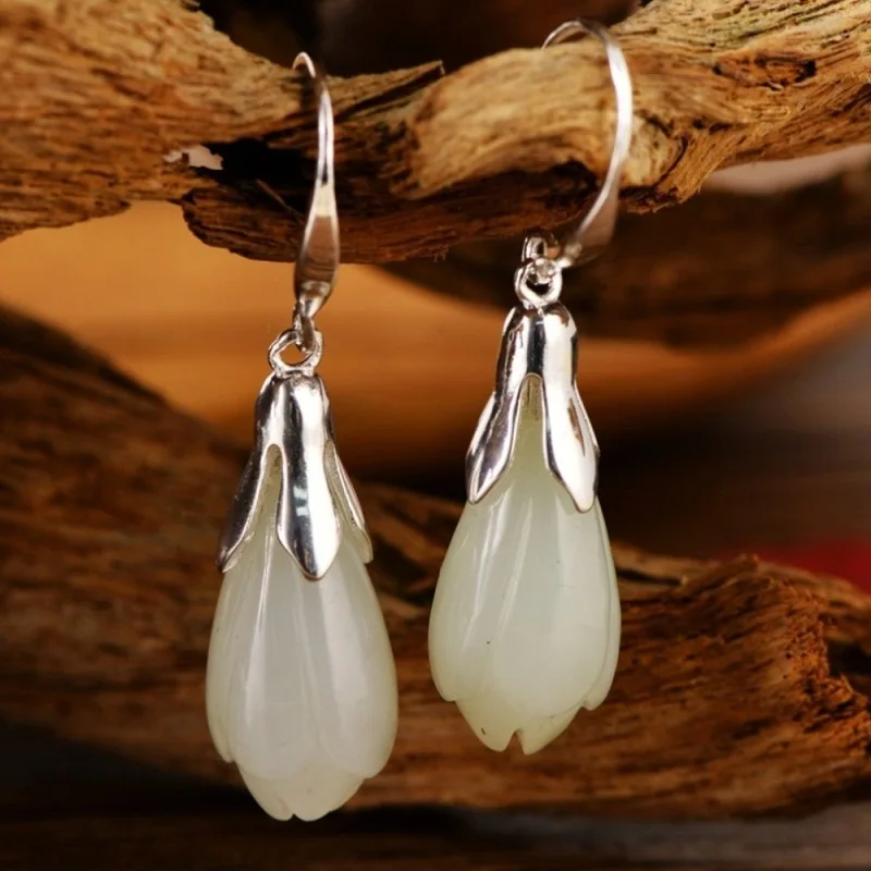 

Real Solid 925 Sterling Silver Natural Jade White Flower Dangle Women Lucky Earrings