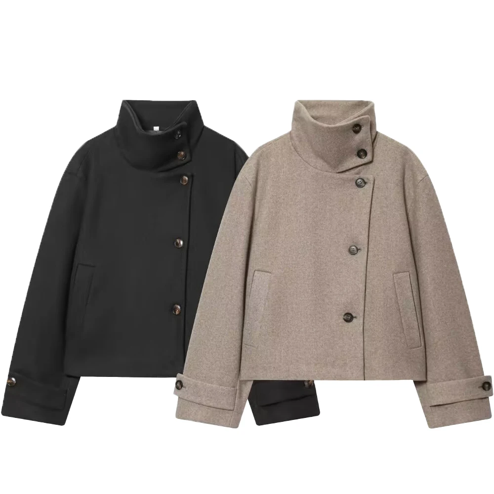 Manteau à manches longues et col montant pour femme, ample et décontracté, Style Simple, avec boucle, européen et américain, nouvelle collection hiver 2025