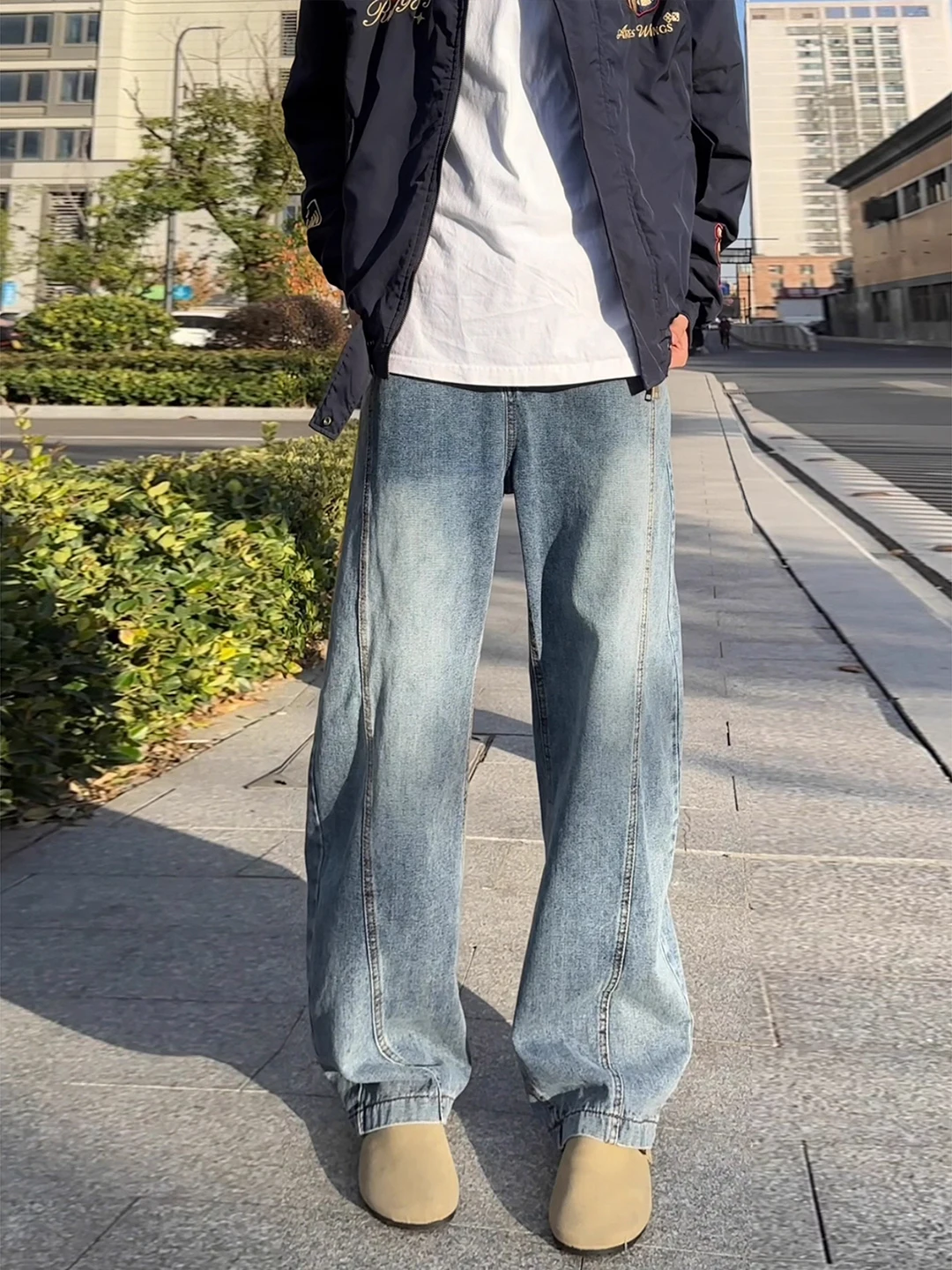 

Синие широкие джинсы на флисовой подкладке, мужские зимние брюки прямого кроя, американский уличный стиль, не облегающие, повседневные джинсы