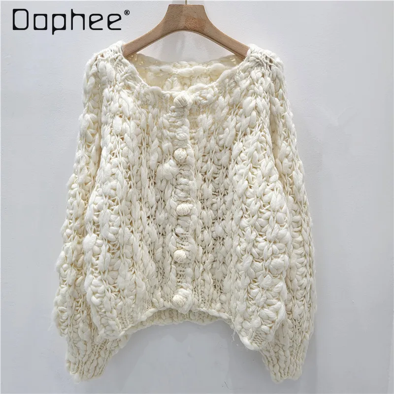 

Hand-Knitted Ball Lantern Sleeve Thick Sweater 2025 Autumn Winter New Round Neck Single-Breasted Knitted Coat for Women